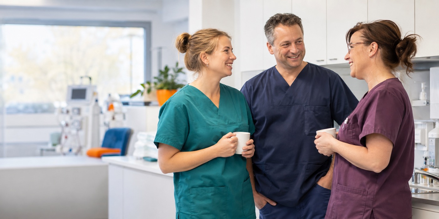 Freundliche Arbeitssituation eines medizinischen Teams in einer hellen Praxis
